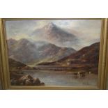 L.M.Lund, 20th Century oil on canvas, highland scene with cattle watering and distant mountain,