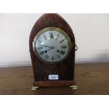 Edwardian oak and chequer inlaid lancet shaped mantel clock with a silvered dial, Roman numerals and