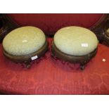 Pair of Victorian circular walnut and upholstered footstools (for restoration)