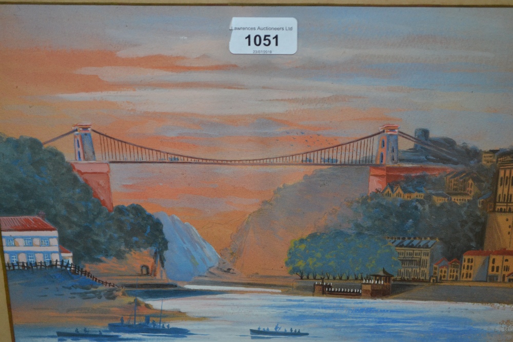 Early 20th Century gouache view of Clifton suspension bridge, 9.5ins x 121.5ins, gilt framed
