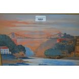 Early 20th Century gouache view of Clifton suspension bridge, 9.5ins x 121.5ins, gilt framed