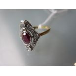 18ct Yellow gold Art Deco style ruby and diamond set ring , size M
