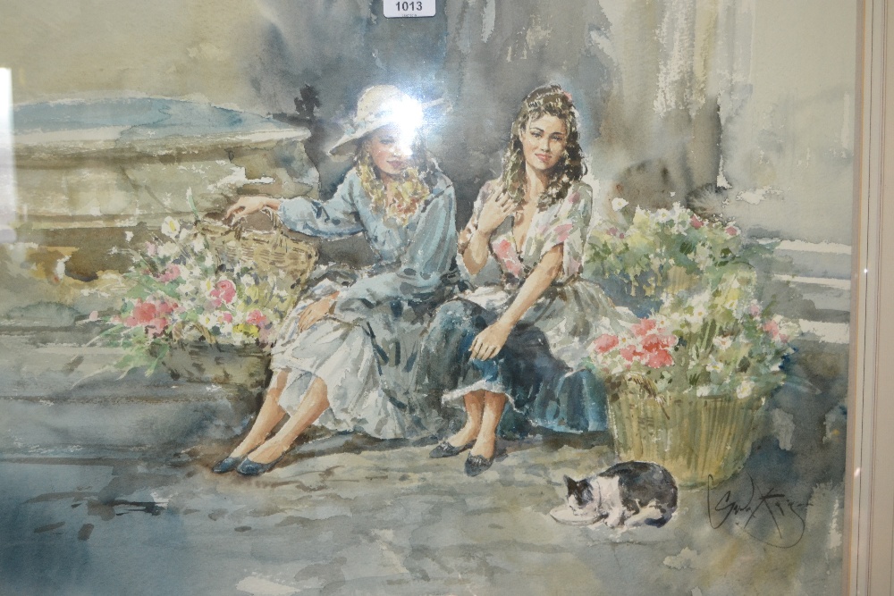 Gordon King, watercolour, two girls with baskets of flowers, cat to the foreground, 20ins x 30ins,