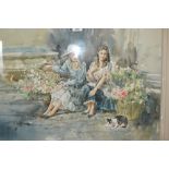 Gordon King, watercolour, two girls with baskets of flowers, cat to the foreground, 20ins x 30ins,