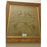 19th Century motto and pictorial sampler inscribed Mary Challand, aged 9, 1842, 12.5ins x 12ins,