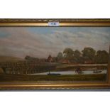 19th Century oil on canvas, view of Old Shoreham toll bridge, 9ins x 17.5ins, gilt framed,