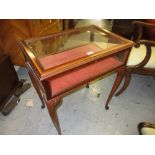 Reproduction mahogany and satinwood bijouterie cabinet raised on cabriole supports