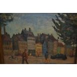 Aage Rasmussen oil on canvas, figures in a street, signed and inscribed verso, 9ins x 13ins