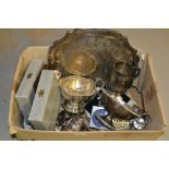 Box containing a quantity of various silver plated items including a tray, small rose bowl, 19th