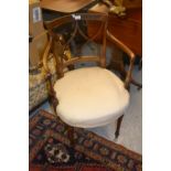Pair of Hepplewhite mahogany black line inlaid open elbow chairs with crossover backs above