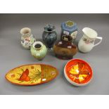 Fenton hexagonal jar, Poole Pottery vase and bowl, other miscellaneous pottery vases
