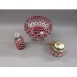 Red overlay cut glass pedestal fruit bowl, similar perfume decanter and preserve jar