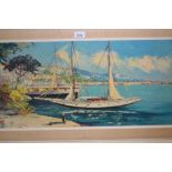 20th Century oil on canvas, Mediterranean harbour scene, signed indistinctly, 15ins x 31ins, framed