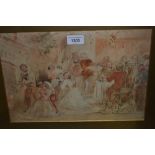 In the manner of David Wilkie, watercolour and pencil sketch, figures in a medieval interior,