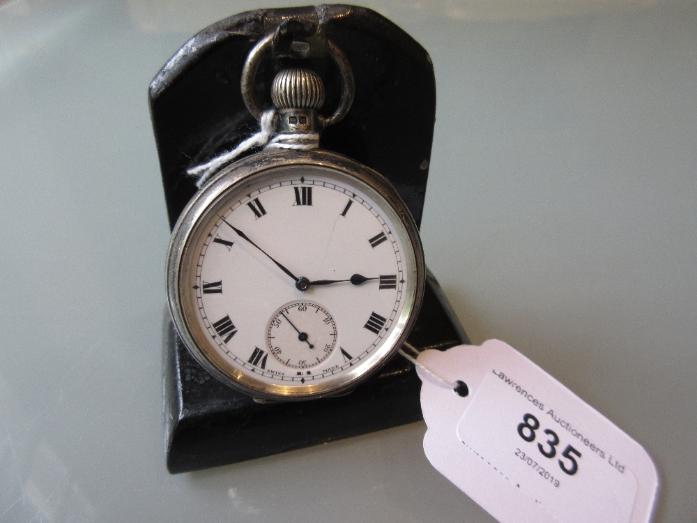 English silver cased crown wind pocket watch, the enamel dial with Roman numerals and subsidiary