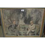 William Barribal, pastel study of Frank Brangwyn seated on a garden bench with another gentleman,