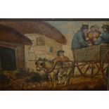 Early 19th Century naive style oil on panel, figures with a donkey and cart by a tavern, 7ins x 10.