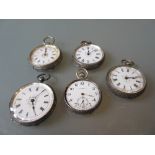 Group of five various open face silver cased fob watches