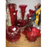 Cranberry glass and silver plate epergne, similar smaller epergne and various other items of
