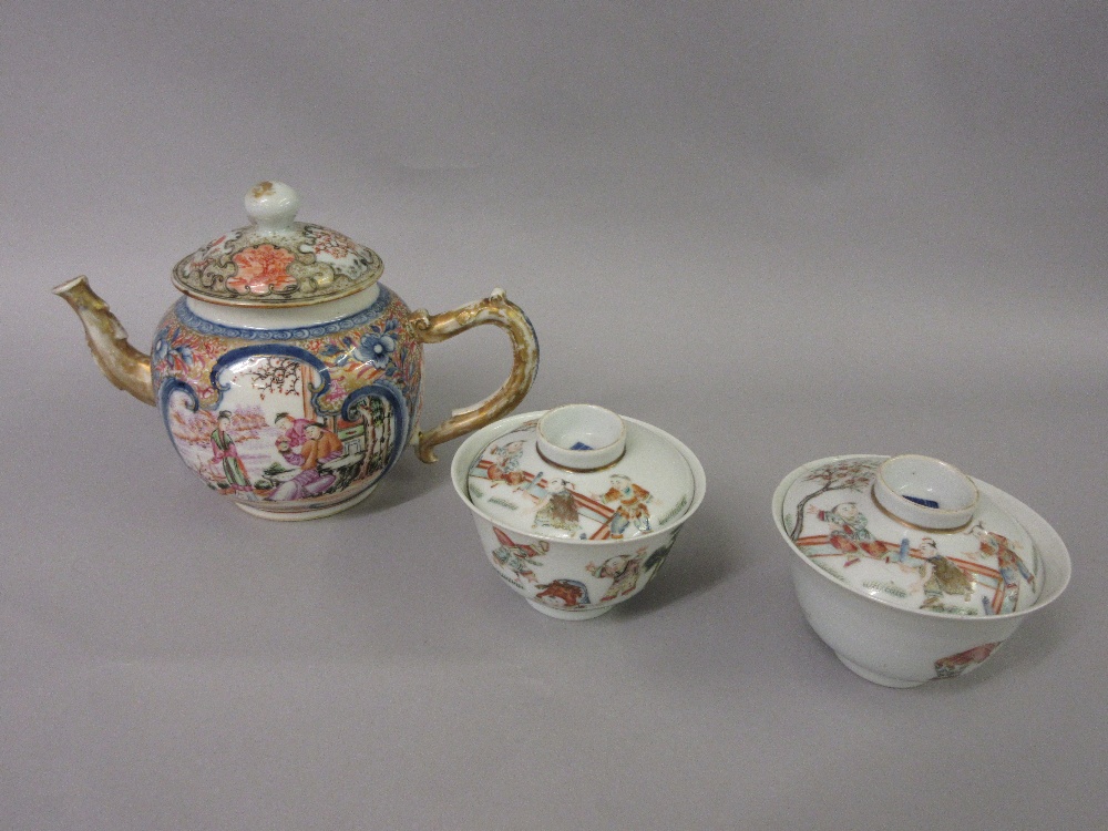 19th Century Chinese famille rose teapot with an associated cover together with a pair of Chinese