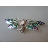 Moth brooch set with enamel, opal, marcasite and rubies
