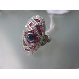 18ct White gold and platinum large Art Deco style ring set rubies, diamonds and a cabochon sapphire