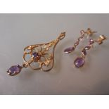 9ct Amethyst and split pearl pendant together with matching earrings