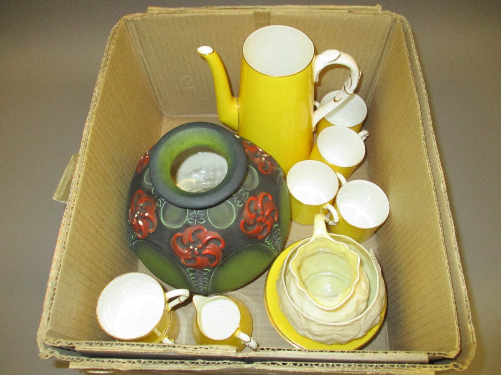 Royal Worcester yellow and gilt decorated coffee set (coffee pot lacking cover, a Belleek cream