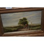 19th Century oil on millboard, extensive landscape with two figures by a horse drawn hay cart, 6.