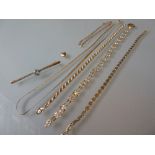 Four various 9ct gold bracelets, a 9ct gold necklace, a 9ct gold bar brooch and small heart shaped