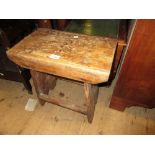 19th Century pine milking stool, an oak boxseat stool on turned supports and a small oak table on