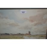 Gerald Ackermann, watercolour, village and windmill in a landscape, signed, 9ins x 13ins, gilt