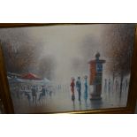 20th Century French oil on canvas, figures in a hazy Paris street scene, indistinctly signed, gilt