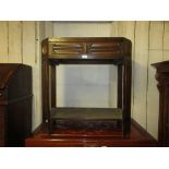 1940's Oak single drawer side table with linen fold carved decoration and undertier, 31ins high,