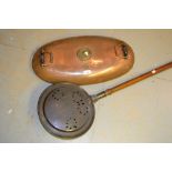 19th Century oval copper and brass mounted bed warmer with turned wooden handles together with a