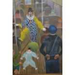 M. Russell, 20th Century oil on canvas board, study of a clown on a buss, gilt framed, signed, 17.