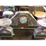 Large Art Deco pink flecked and grey marble three piece clock garniture with gilt metal mounts,