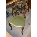 Set of ten reproduction mahogany Victorian style balloon back dining chairs with green stuffover