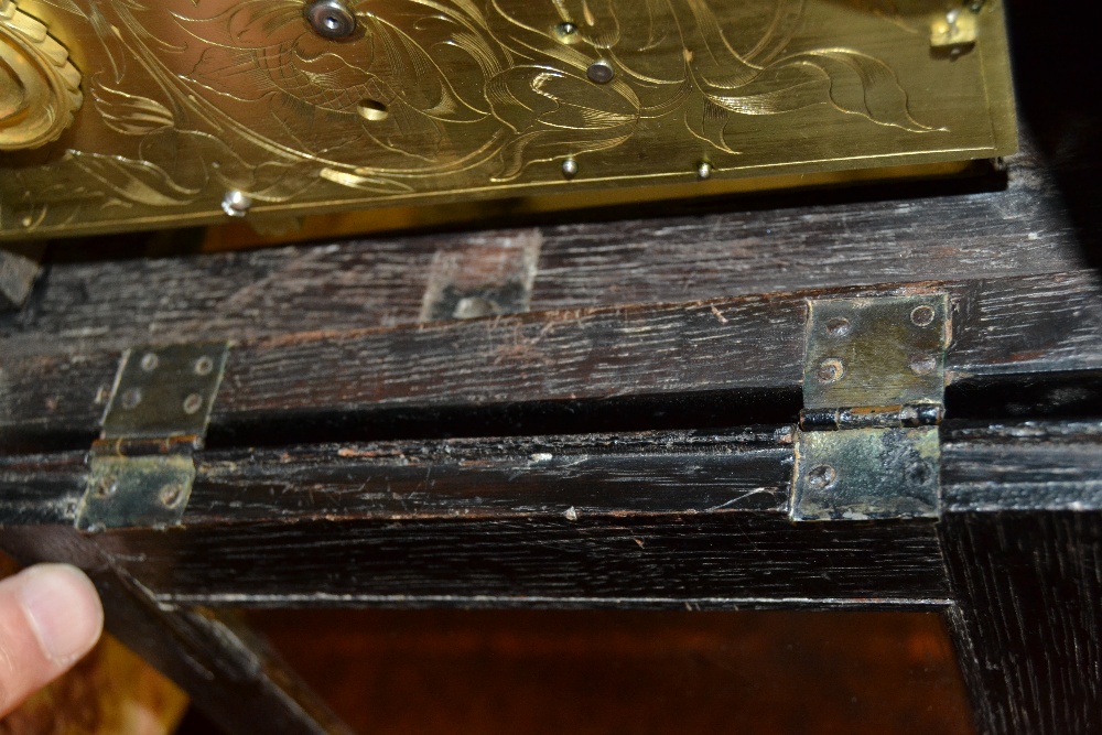 Small 18th Century ebonised and gilt brass table or bracket clock, the gilt basket top and acorn - Image 12 of 19