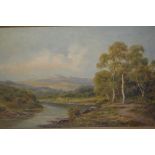 Sydney Yeates Johnson, oil on canvas, river scene with distant sheep , signed, gilt framed, 15ins