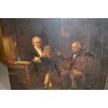 Oil on canvas, seated figures discussing a letter (with extensive bitumising), 25ins x 30ins, gilt