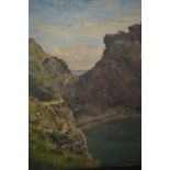 Ackland Hunt signed oil on canvas, Cornish coastal inlet with beached boat, 24ins x 18ins