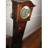 1930's Oak grandmother clock, the silvered dial with Arabic numerals and three train movement