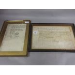Antique framed document on vellum and a framed print relating to Guy Fawkes