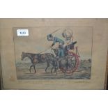 Henry Alken, antique hand coloured print, figures with a pony and trap and a figure riding a donkey
