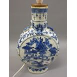 Chinese porcelain moon flask, decorated in blue and white, with river landscapes (later converted to