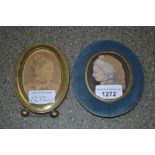 19th Century watercolour, oval portrait miniature of a lady in blue velvet frame and a Victorian