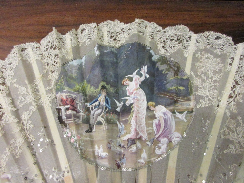 19th Century French lace work fan painted with figures and birds in a garden scene, housed in a box, - Image 7 of 13