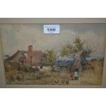 Two framed watercolours, figures with hens by a cottage, signed Will Anderson ?, and view across a
