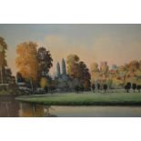 A Wilson Burns oil on canvas golden evening Guildford, a river scene with distant buildings,